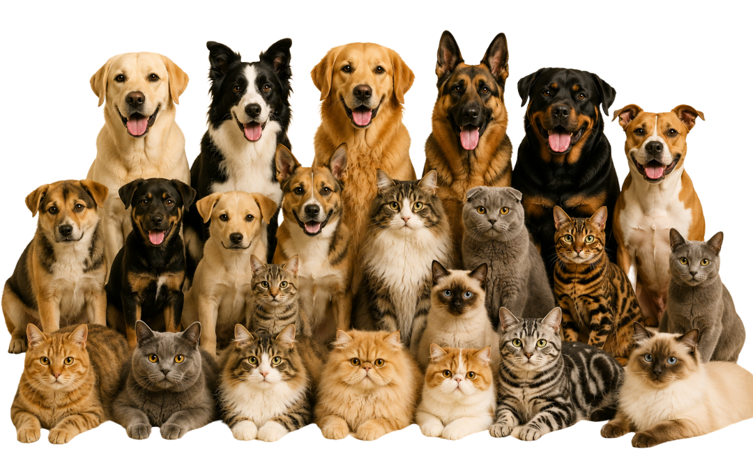 A large group photo of many dogs and cats posed together against a plain white background.