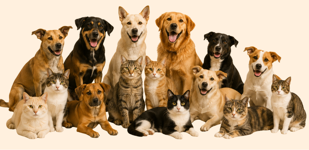 A group of mixed breeds of dogs and cats posing together against a solid pale beige background.
