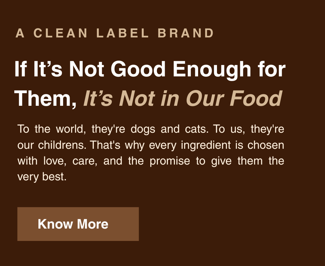 A dark brown promotional graphic with white and beige text reading 'A CLEAN LABEL BRAND', 'If It’s Not Good Enough For Them, It’s Not in Our Food', a paragraph about ingredients and care, a 'Know More' button, and a bottom line saying 'Made with Lots of Love | Backed by clean ingredients'.